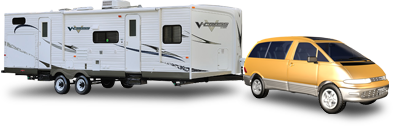 Mini-van towing a new light-weight V-Cross travel trailer